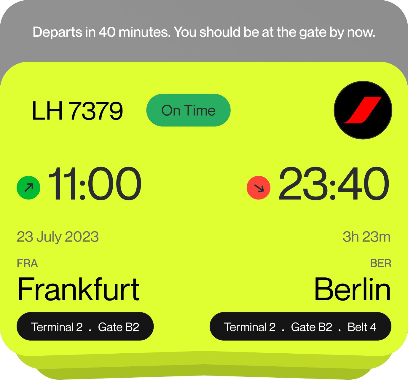Airborne — departs in 40 minutes, you should be at the gate by now
