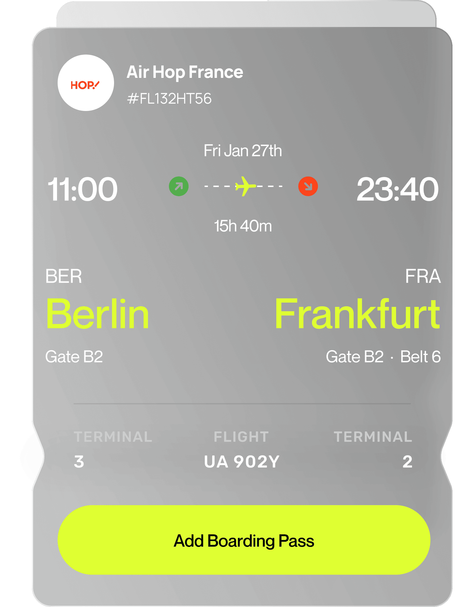 Airborne flight card — Berlin to Frankfurt with gates and boarding pass