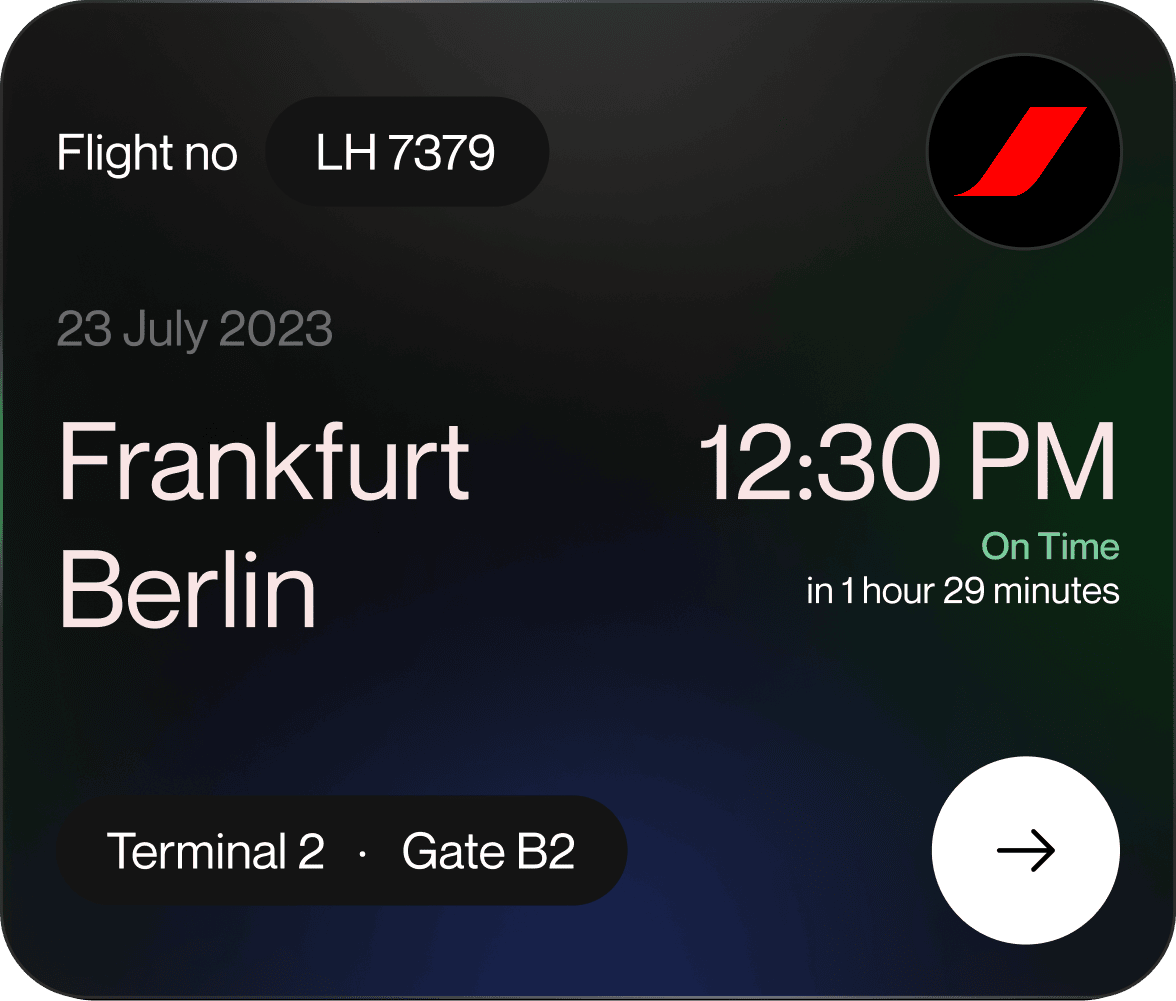 Airborne flight card — dark glass theme