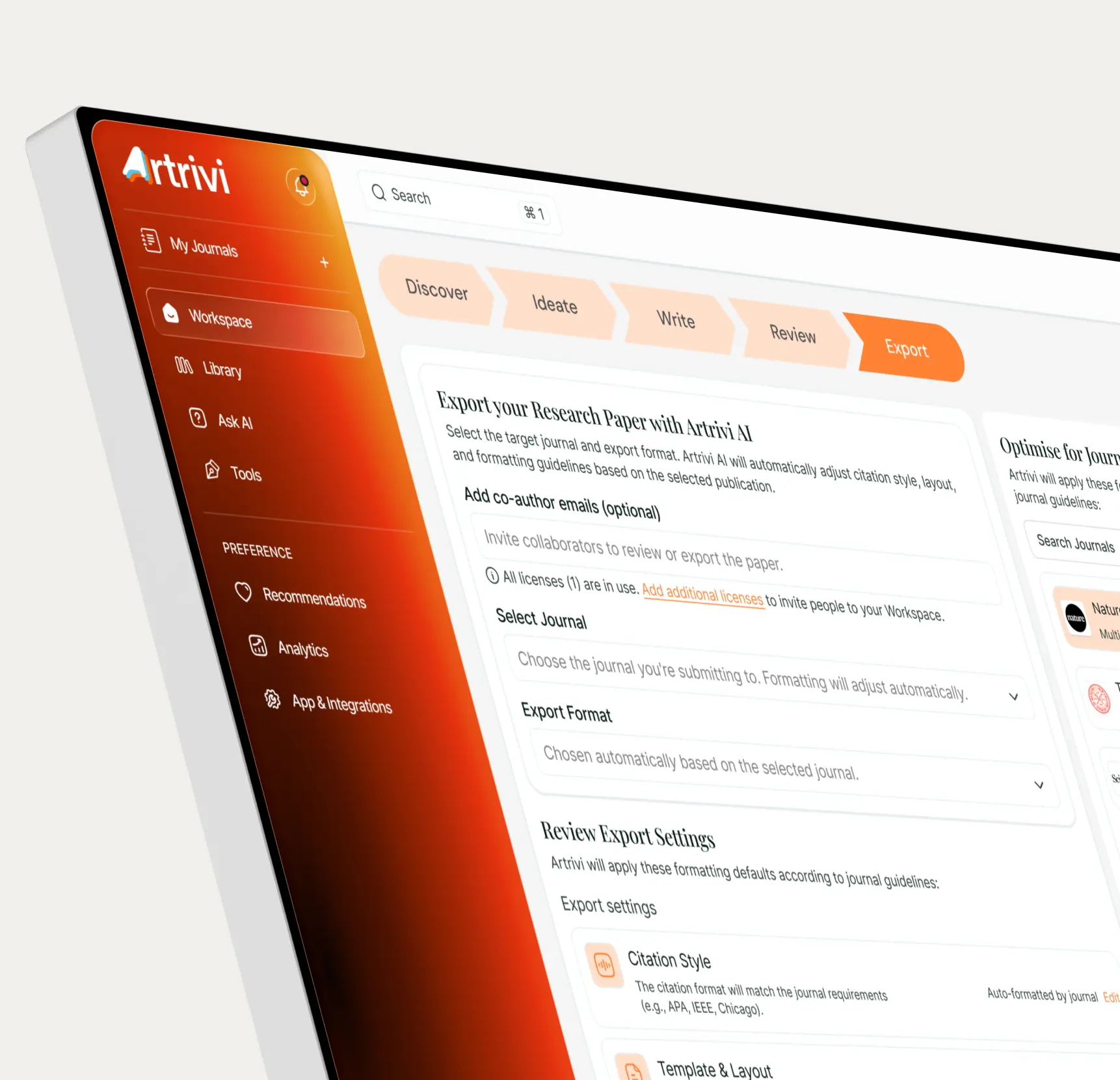 Artrivi export flow — select journal, citation style, template and layout
