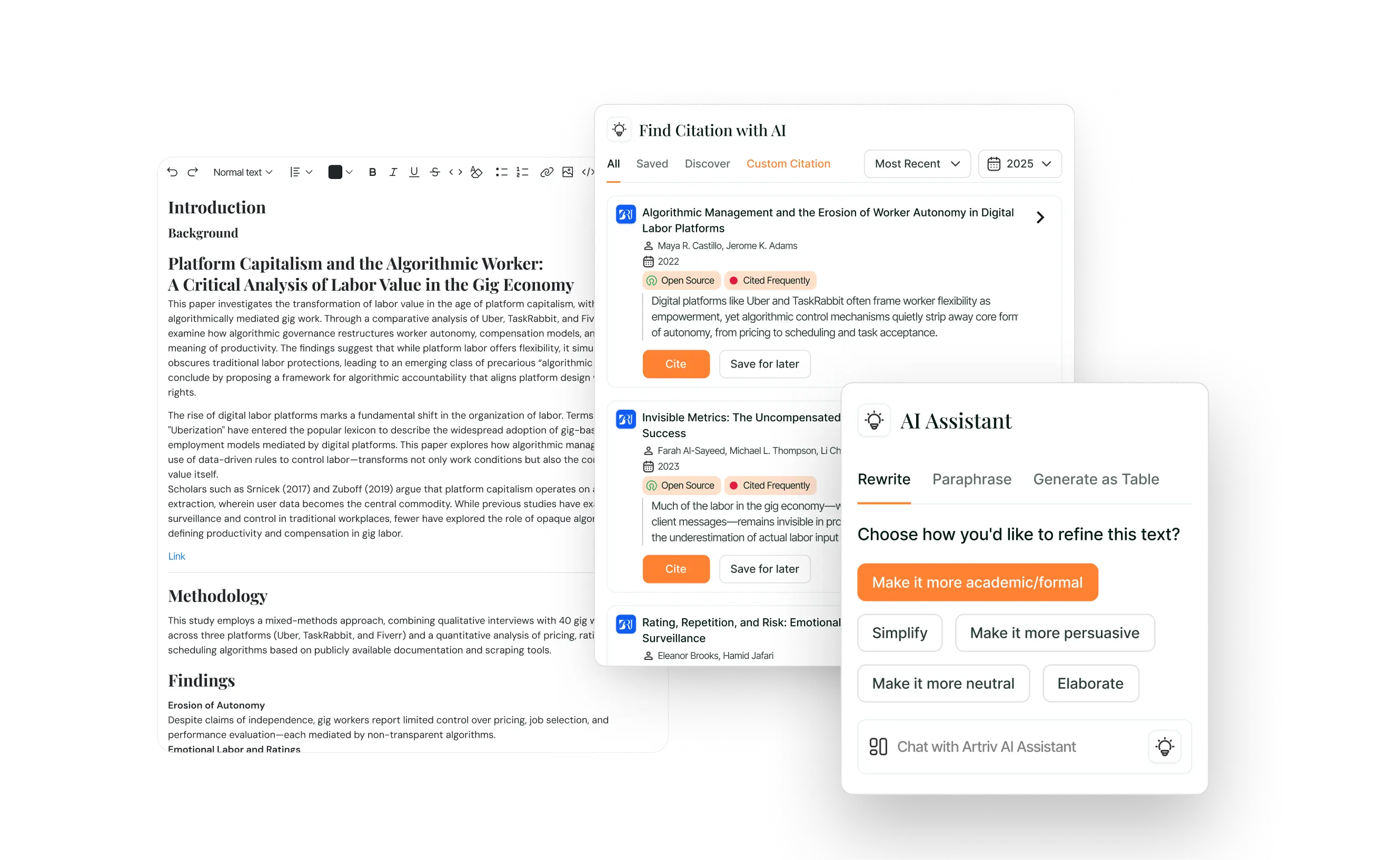 Artrivi editor with the Find Citation panel and the AI rewrite assistant