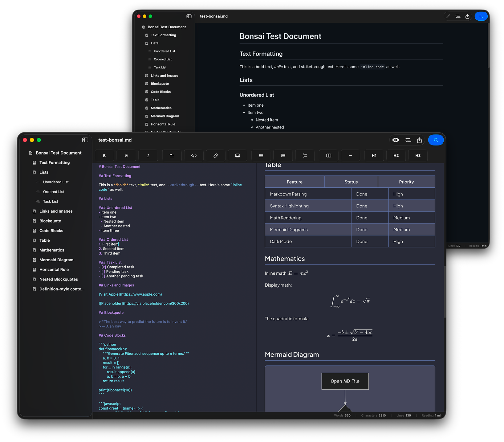 Bonsai MD — side-by-side Markdown editor and live preview on macOS