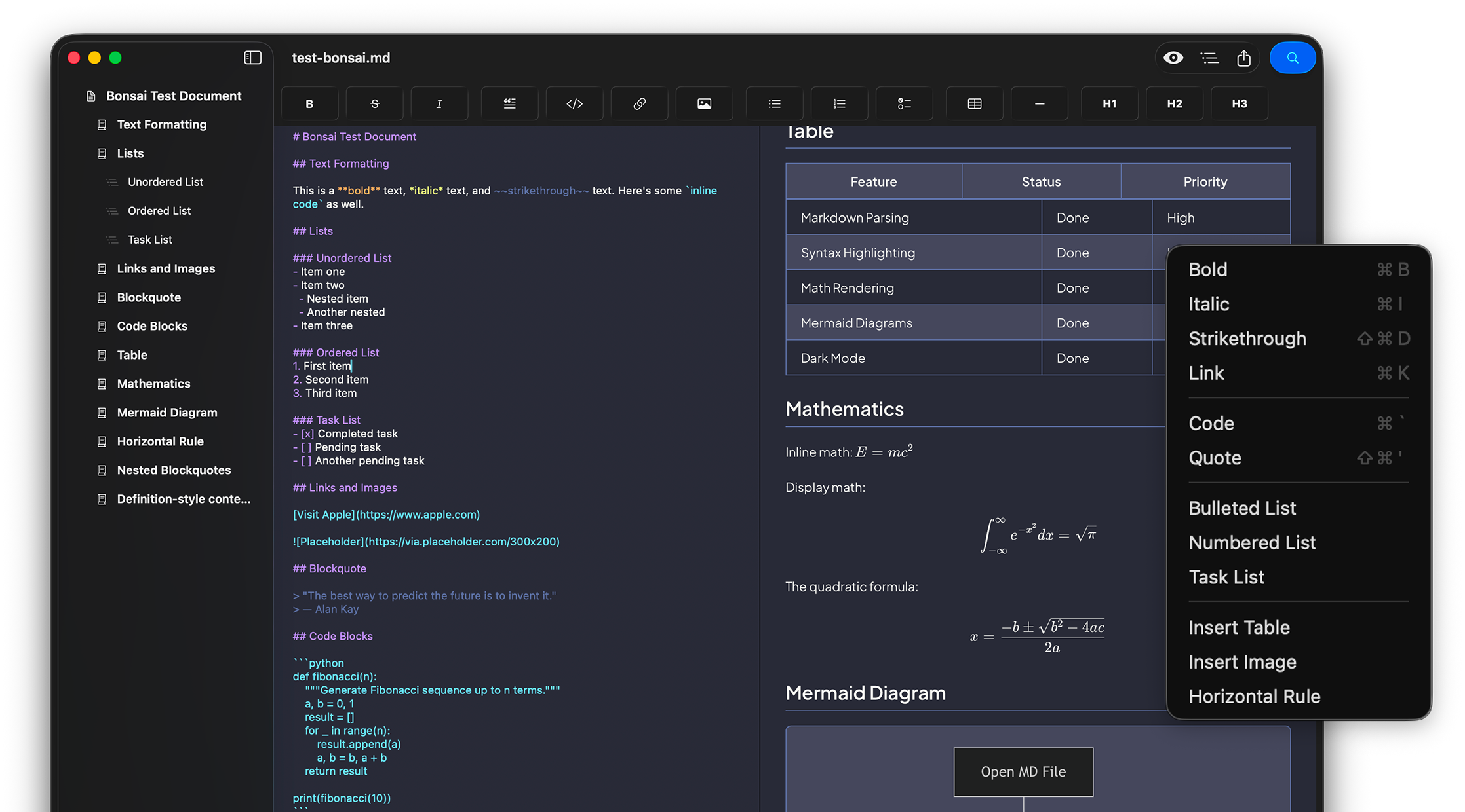 Bonsai MD editor with the full formatting toolbar and quick-insert menu