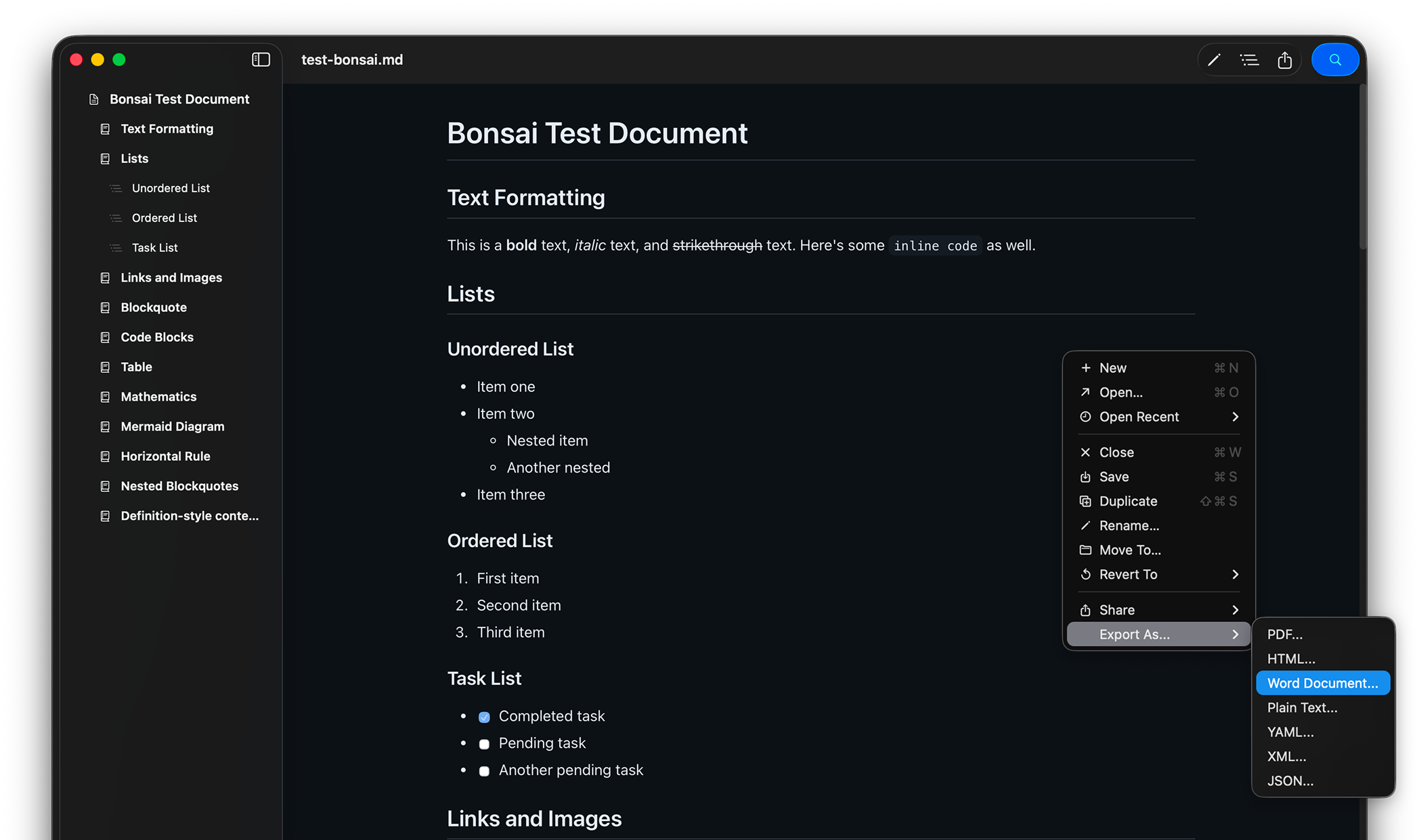 Bonsai MD reading view with the Export As menu — PDF, HTML, Word, JSON