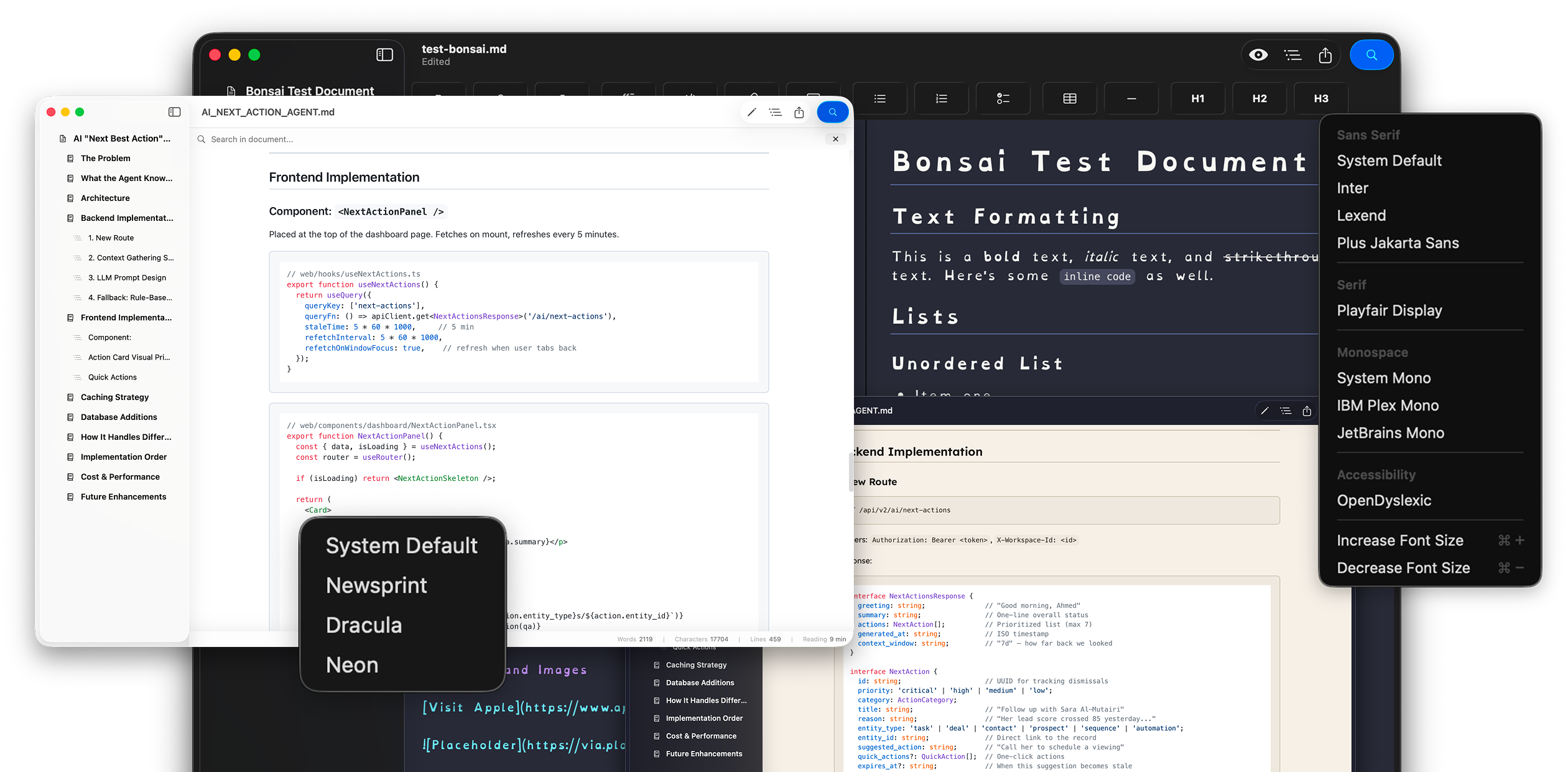 Bonsai MD theme and font menus — Newsprint to Neon, Inter to OpenDyslexic