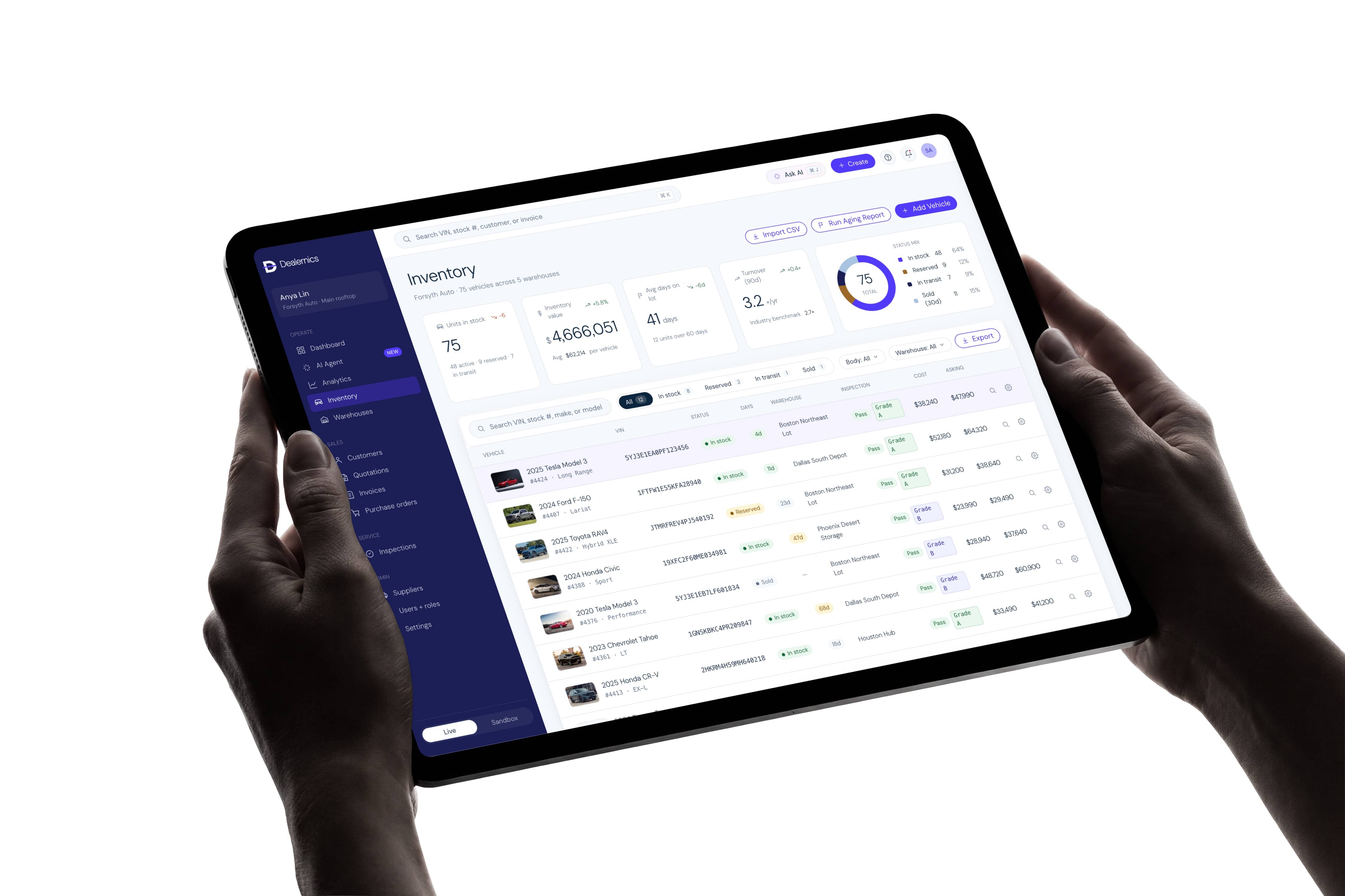 Dealernics inventory list — VIN-level rows with status, inspection grades and days on lot