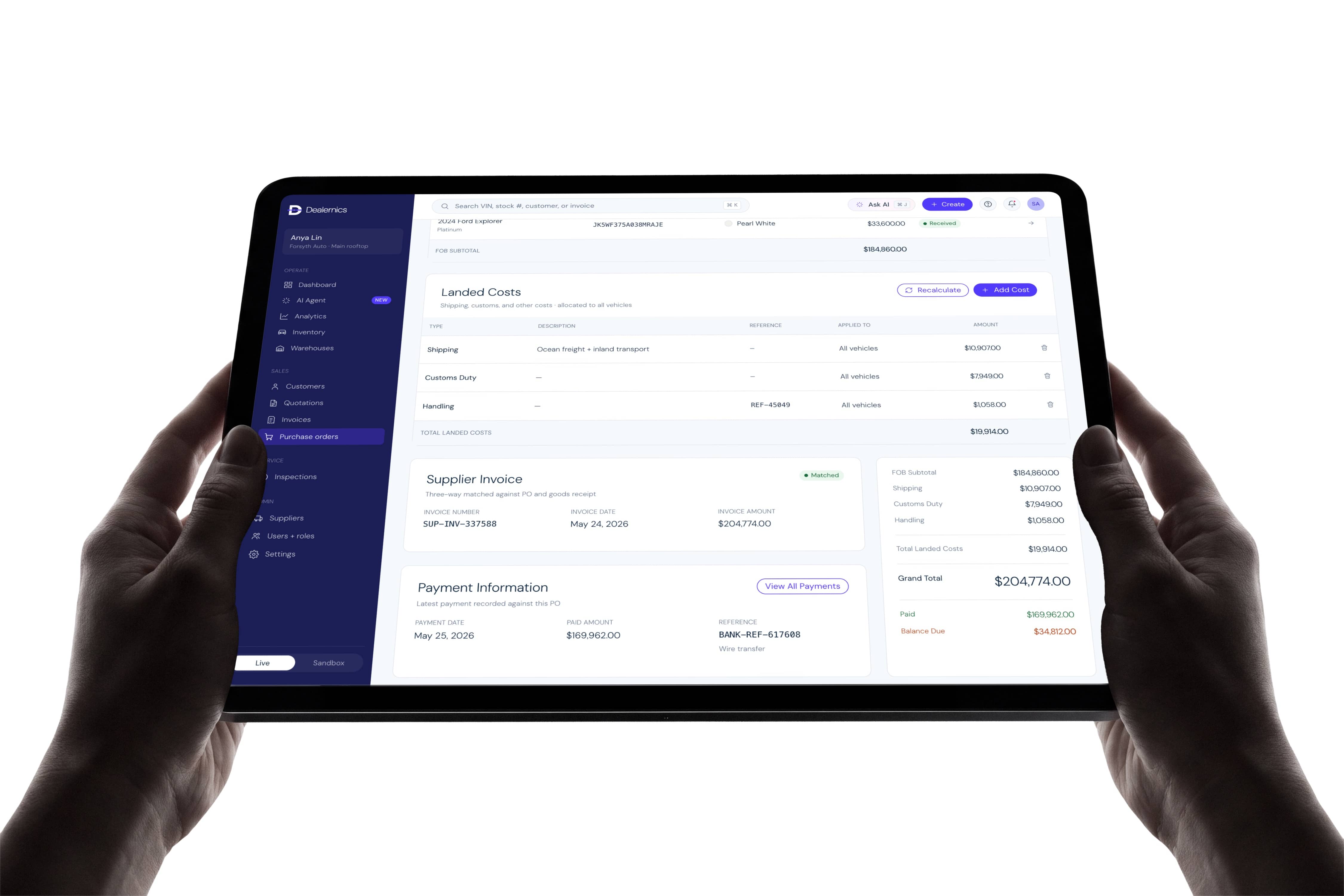Dealernics purchase order — landed costs, three-way matched supplier invoice and payments