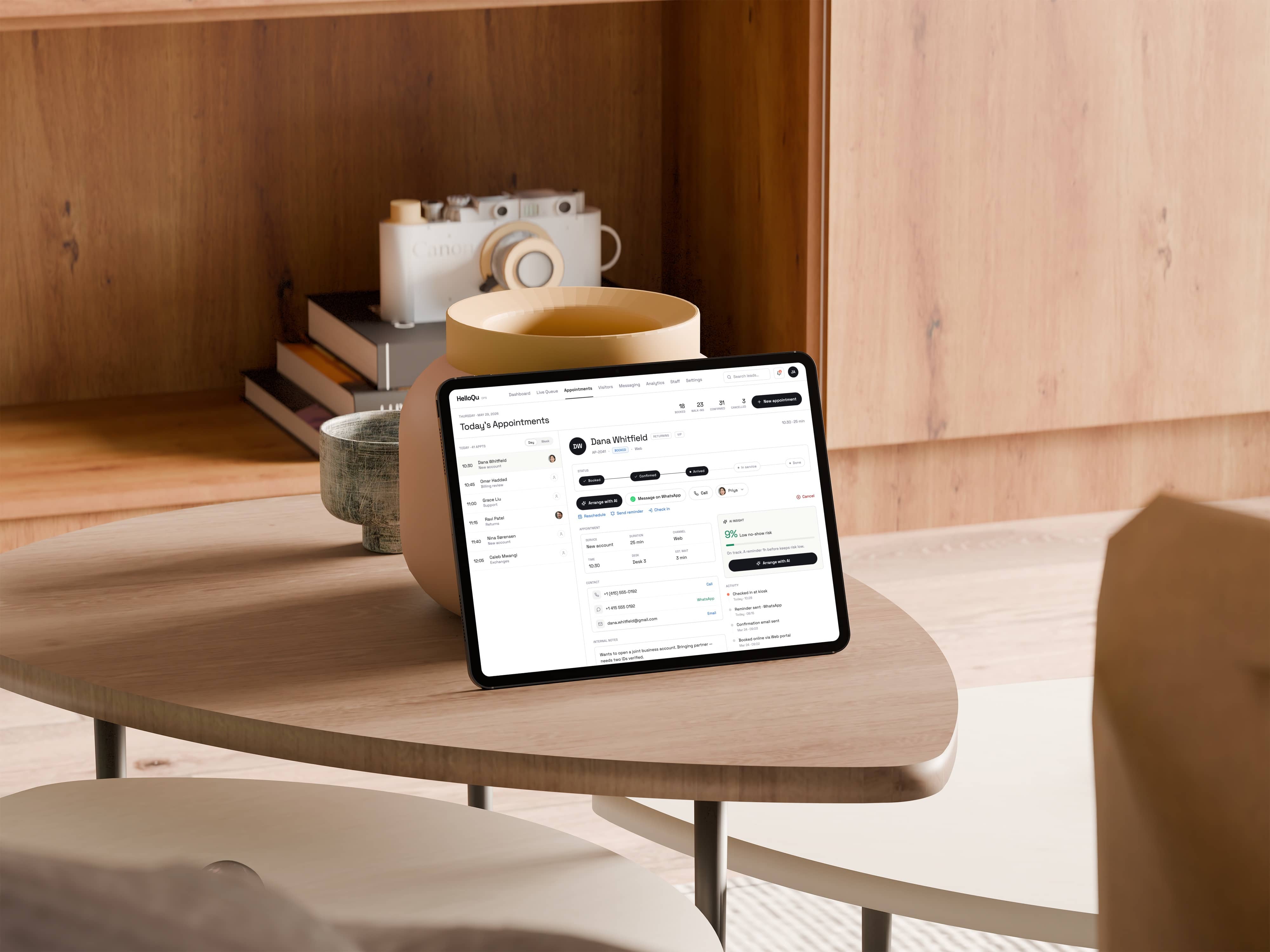 HelloQu appointment detail with Call, Message on WhatsApp and Arrange with AI actions