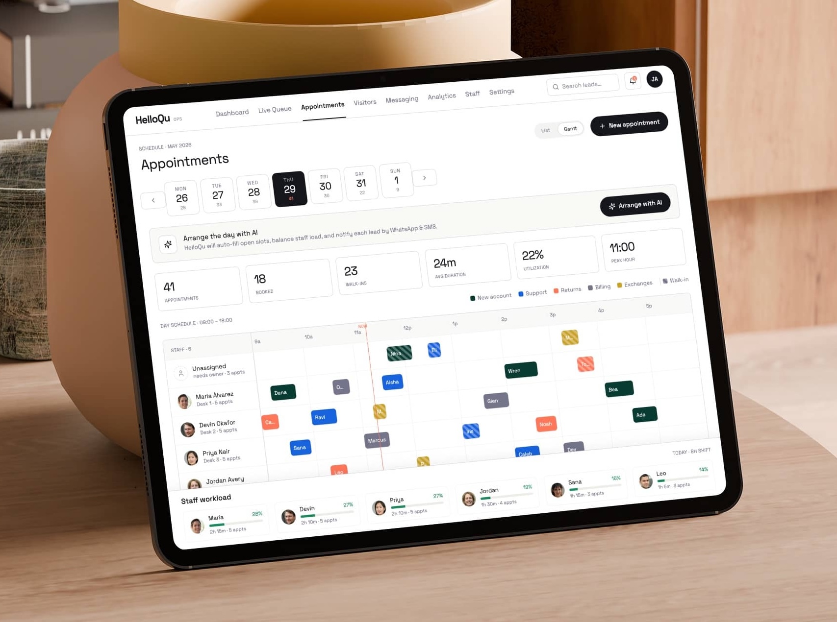 HelloQu — Arrange the day with AI: auto-fill slots, balance staff load and notify each lead